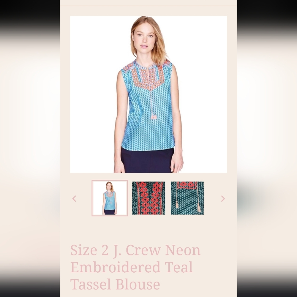 J. Crew Teal and Neon Coral Embroidered String Tied Blouse Size 2